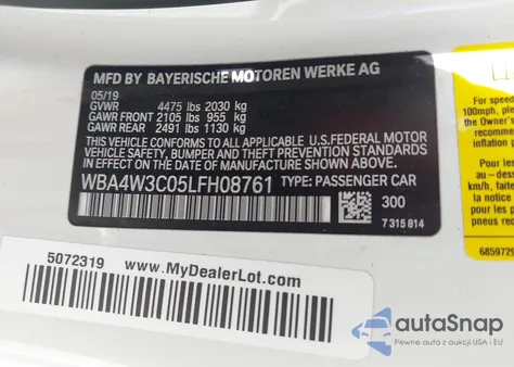 2020 BMW 430I z USA, uszkodzony, nr VIN WBA4W3C05LFH08761